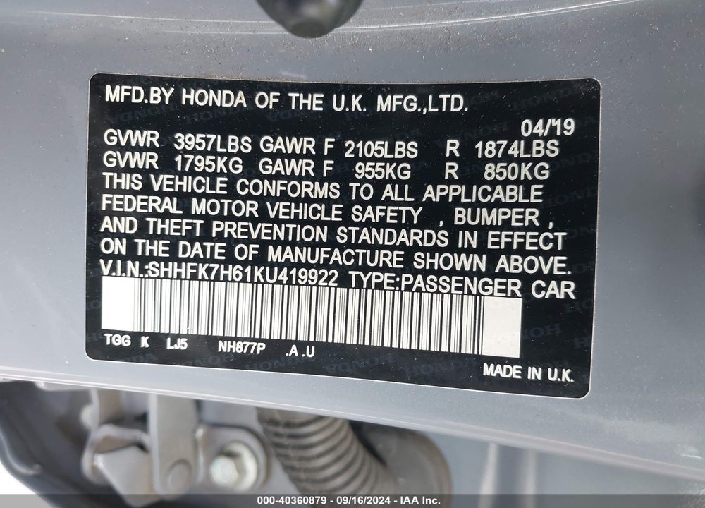 2019 HONDA CIVIC EX VIN: SHHFK7H61KU419922