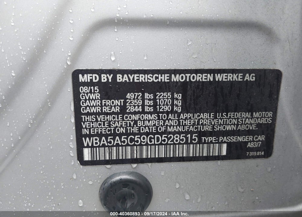 2016 BMW 528I VIN: WBA5A5C59GD528515