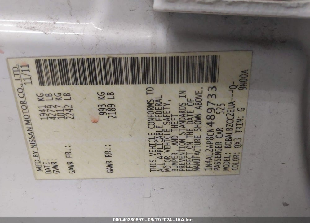 2012 NISSAN ALTIMA 2.5 S VIN: 1N4AL2AP8CN489733