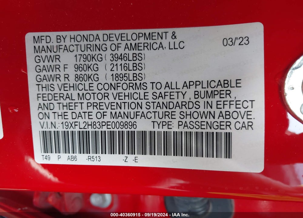 2023 HONDA CIVIC VIN: 19XFL2H83PE009896