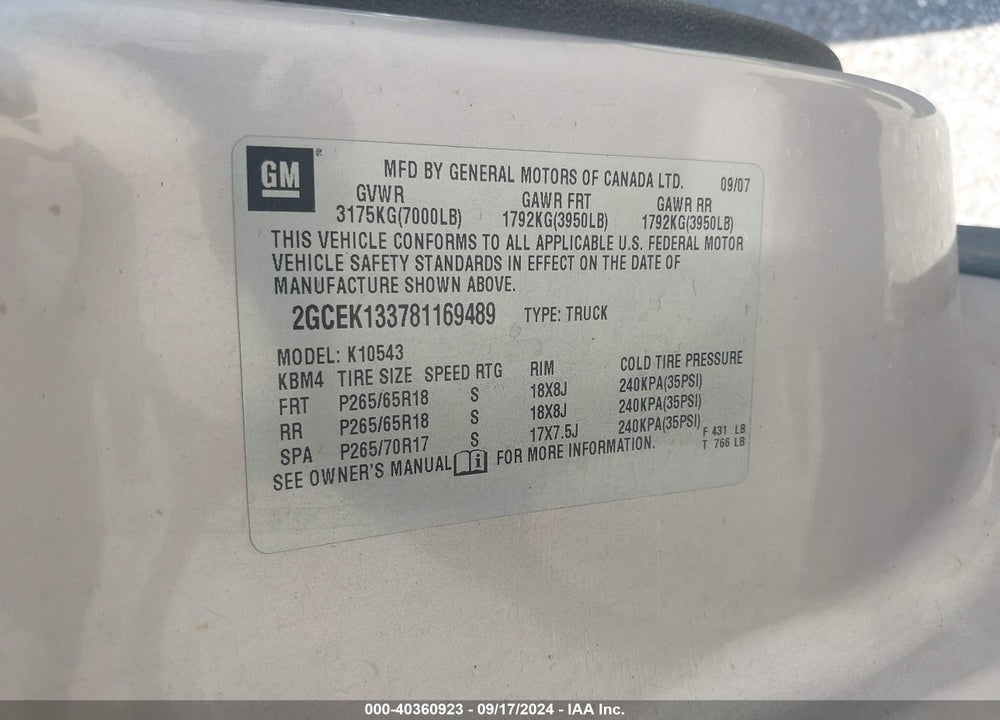 2008 CHEVROLET SILVERADO 1500 LT2 VIN: 2GCEK133781169489