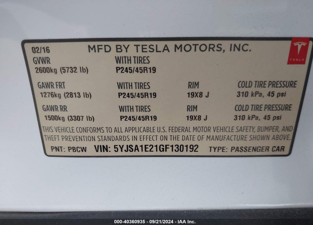 2016 TESLA MODEL S 60D/70D/75D/85D/90D VIN: 5YJSA1E21GF130192