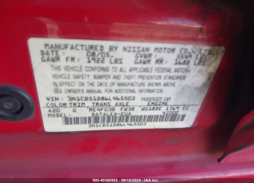 2006 NISSAN SENTRA 1.8S VIN: 3N1CB51D86L465503