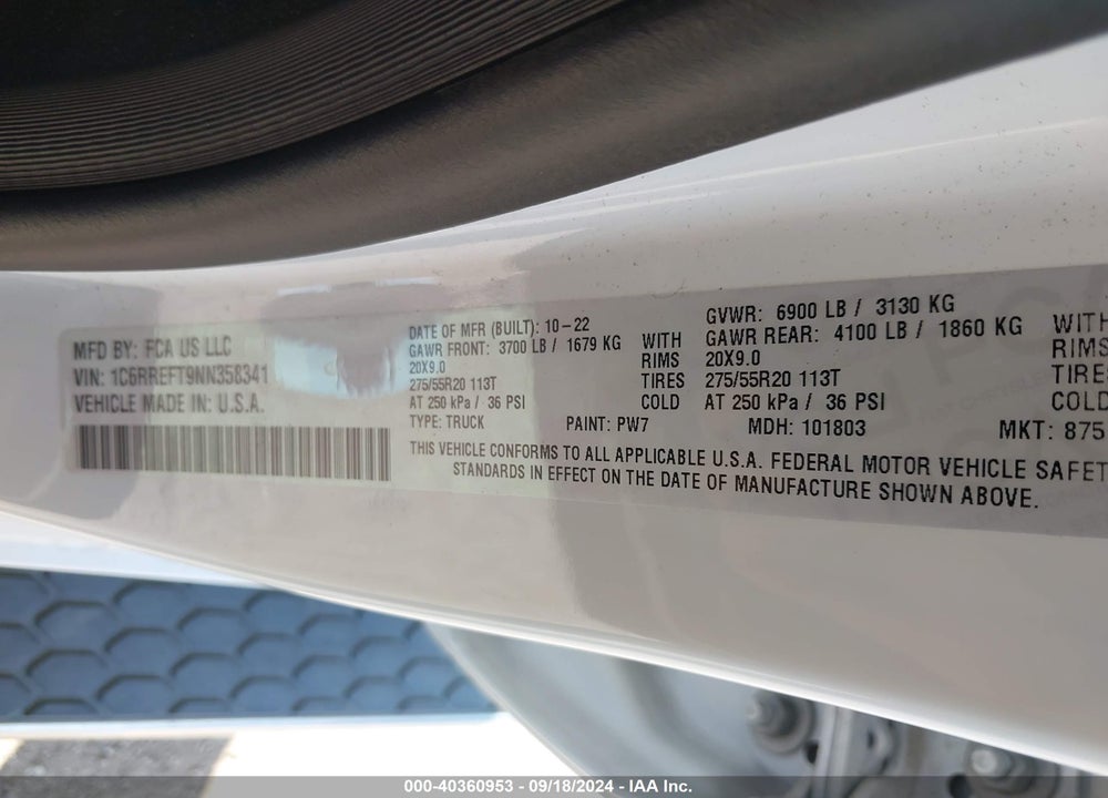 2022 RAM 1500 VIN: 1C6RREFT9NN358341