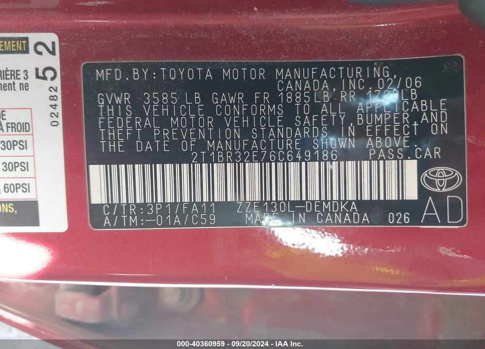 2006 TOYOTA COROLLA CE VIN: 2T1BR32E76C649186