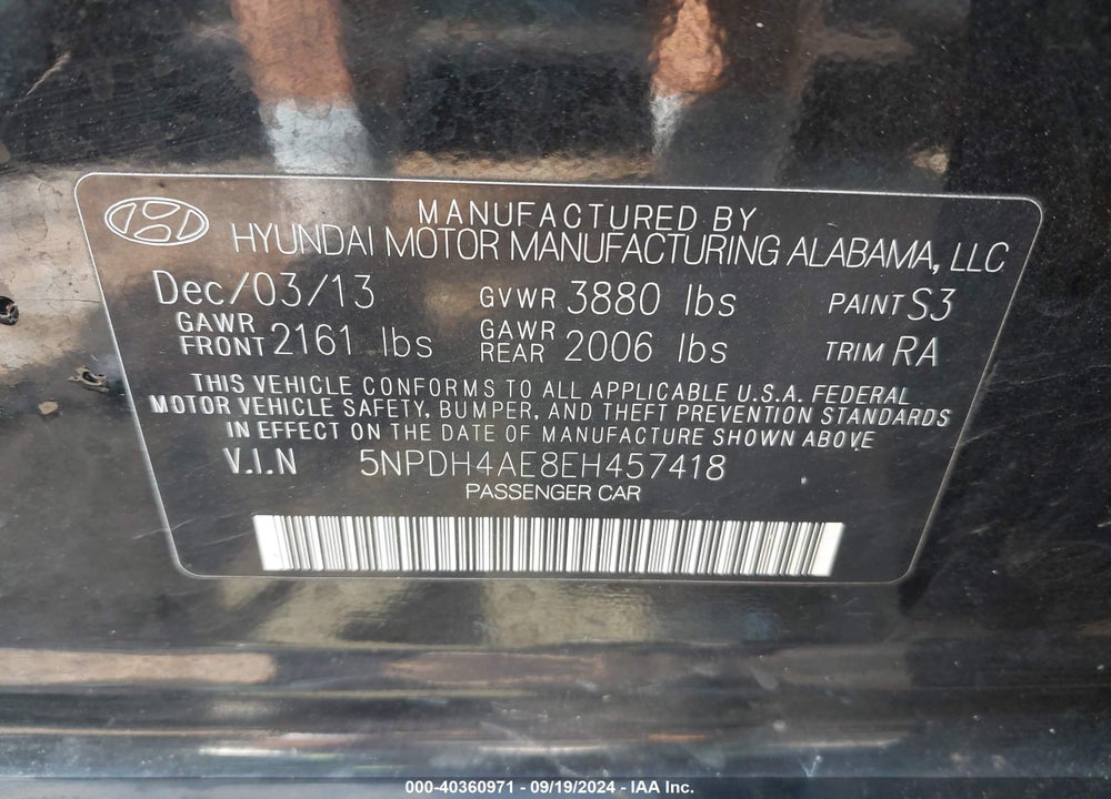 2014 HYUNDAI ELANTRA SE VIN: 5NPDH4AE8EH457418