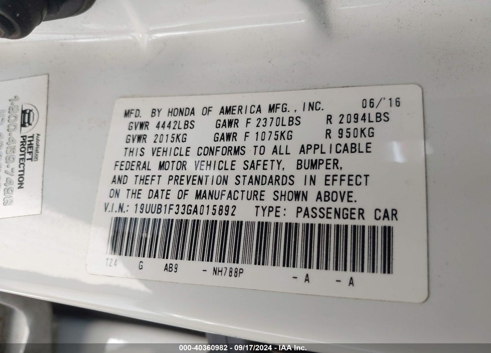 2016 ACURA TLX VIN: 19UUB1F33GA015892