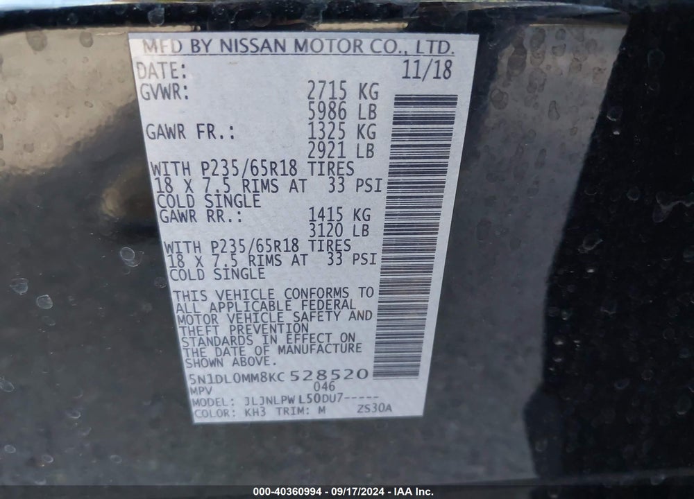 2019 INFINITI QX60 PURE VIN: 5N1DL0MM8KC528520