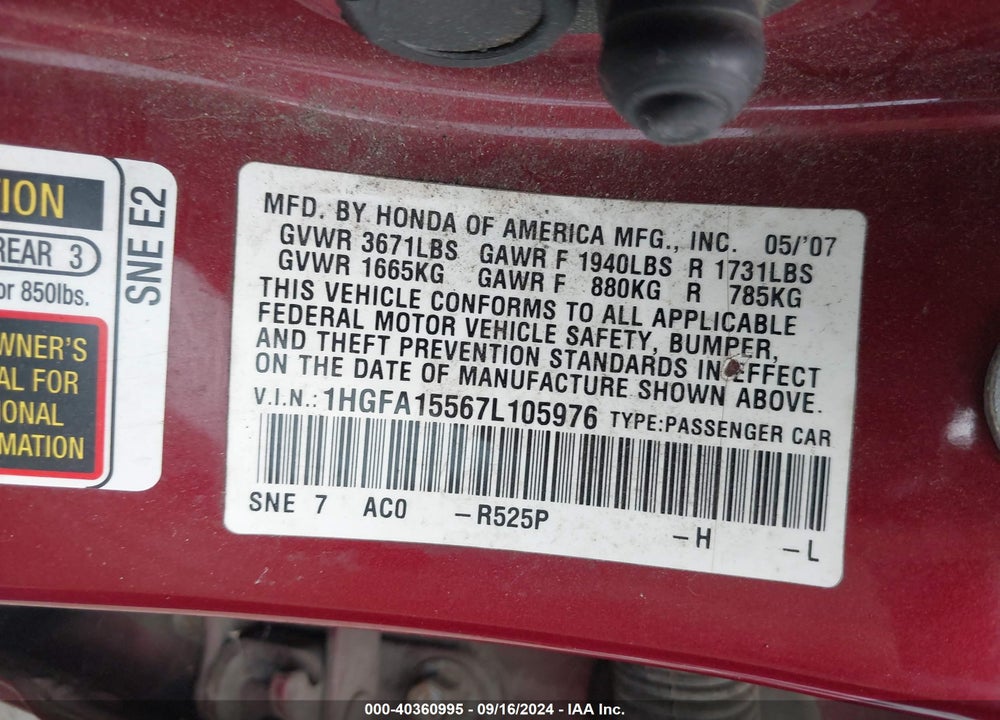 2007 HONDA CIVIC LX VIN: 1HGFA15567L105976