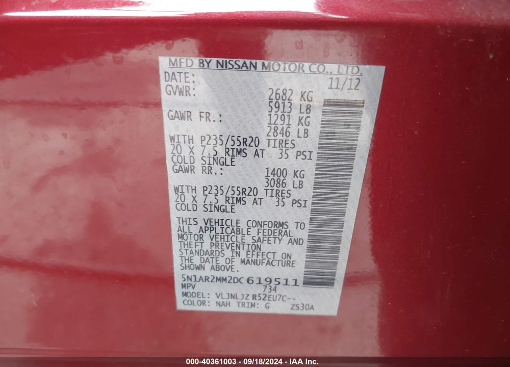 2013 NISSAN PATHFINDER VIN: 5N1AR2MM2DC619511