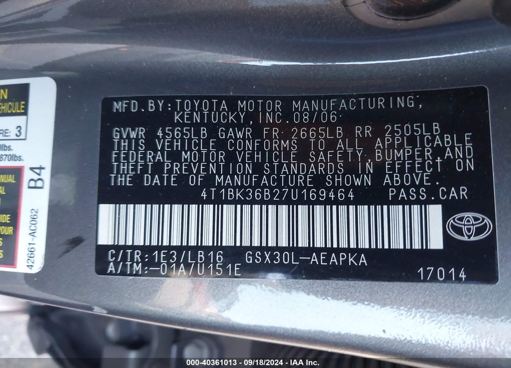 2007 TOYOTA AVALON LIMITED VIN: 4T1BK36B27U169464