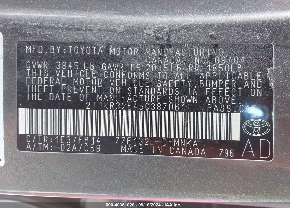 2005 TOYOTA MATRIX/XR VIN: 2T1KR32E45C387061