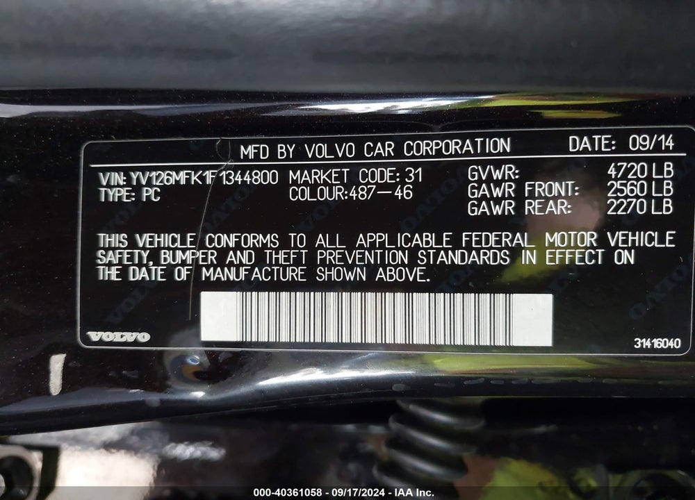 2015 VOLVO S60 T5 PREMIER VIN: YV126MFK1F1344800