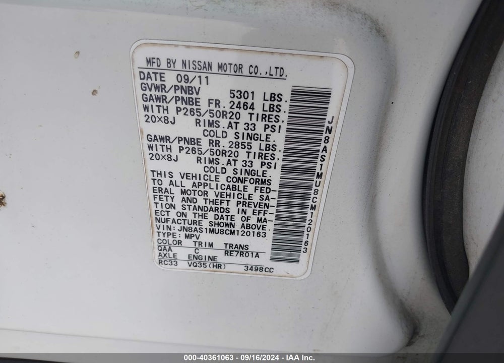2012 INFINITI FX35 VIN: JN8AS1MU8CM120163