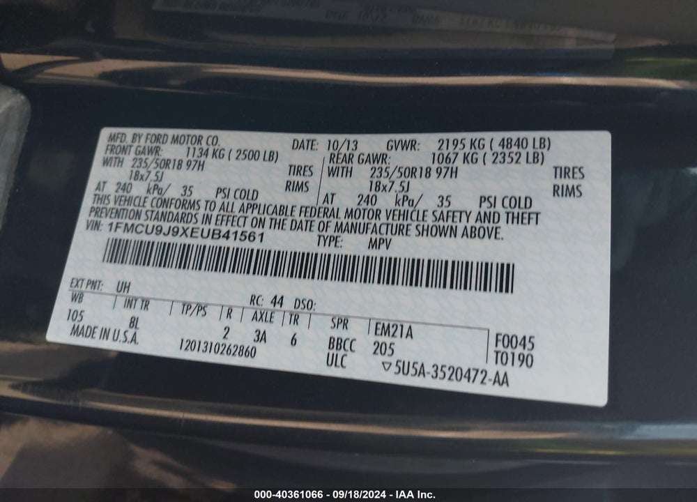 2014 FORD ESCAPE TITANIUM VIN: 1FMCU9J9XEUB41561