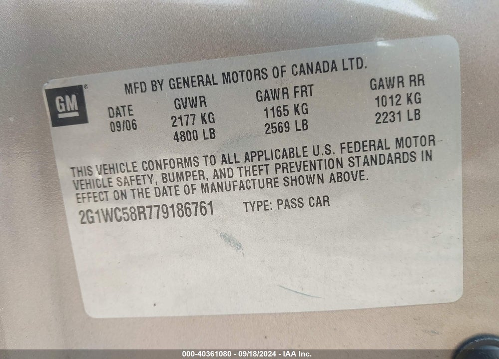 2007 CHEVROLET IMPALA LT VIN: 2G1WC58R779186761