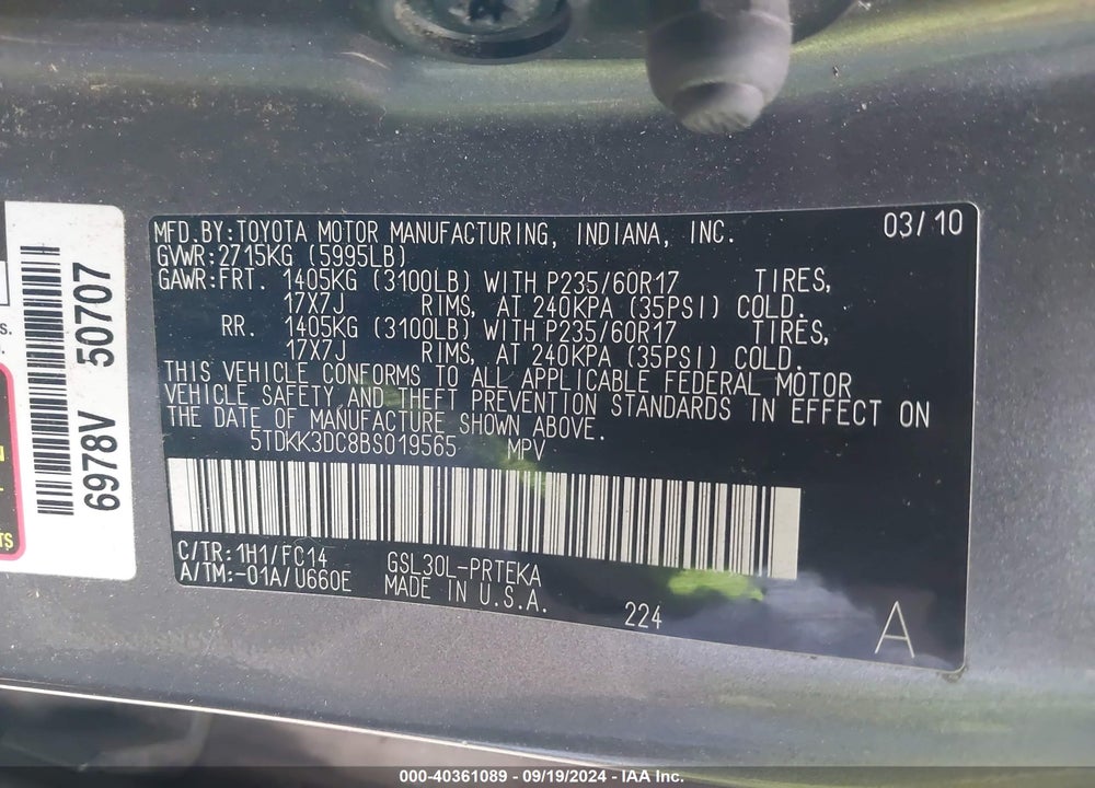 2011 TOYOTA SIENNA LE V6 VIN: 5TDKK3DC8BS019565