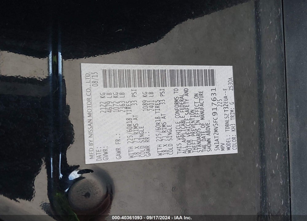 2015 NISSAN ROGUE SL VIN: 5N1AT2MV5FC917631