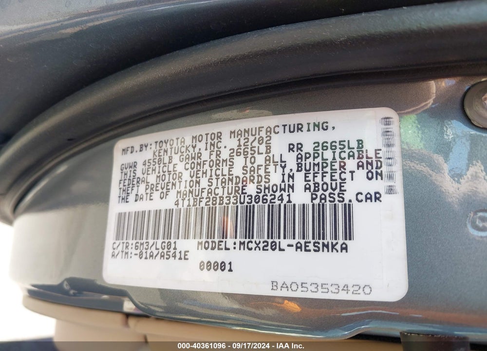 2003 TOYOTA AVALON XL VIN: 4T1BF28B33U306241