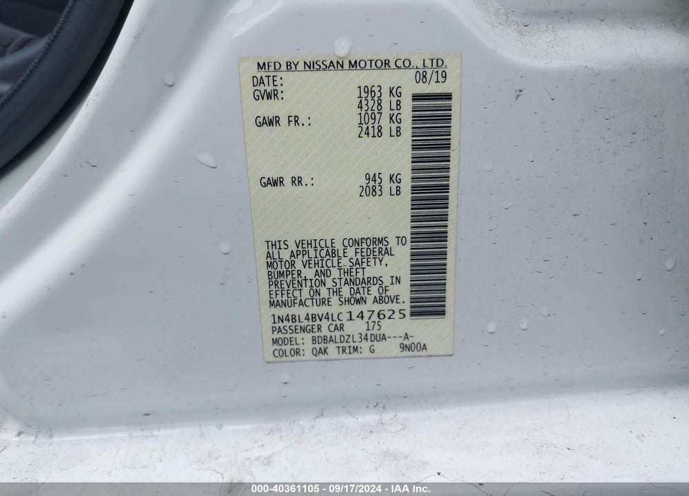 2020 NISSAN ALTIMA S FWD VIN: 1N4BL4BV4LC147625