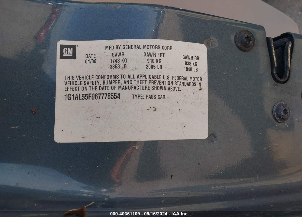 2006 CHEVROLET COBALT LT VIN: 1G1AL55F967778554