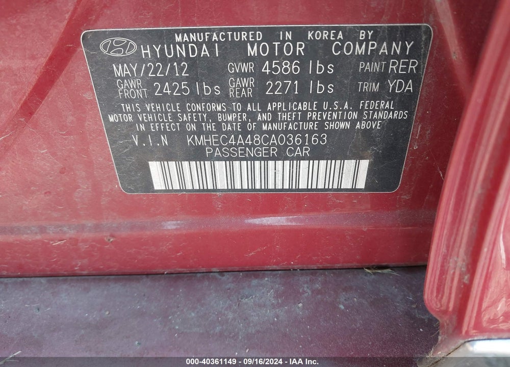 2012 HYUNDAI SONATA HYBRID VIN: KMHEC4A48CA036163