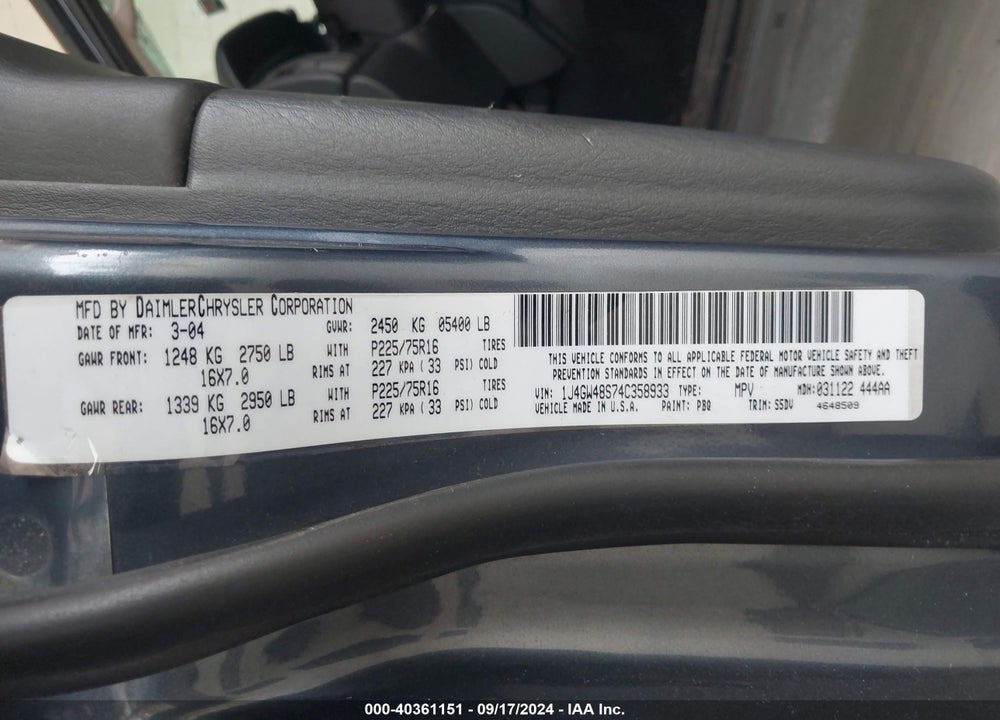 2004 JEEP GRAND CHEROKEE LAREDO VIN: 1J4GW48S74C358933