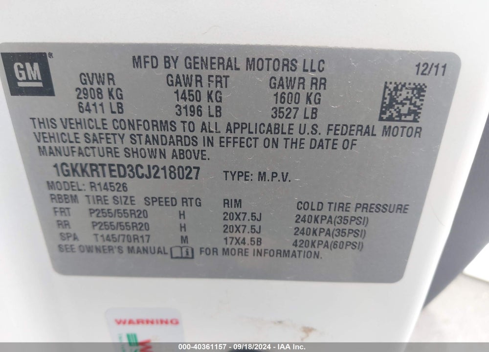 2012 GMC ACADIA DENALI VIN: 1GKKRTED3CJ218027