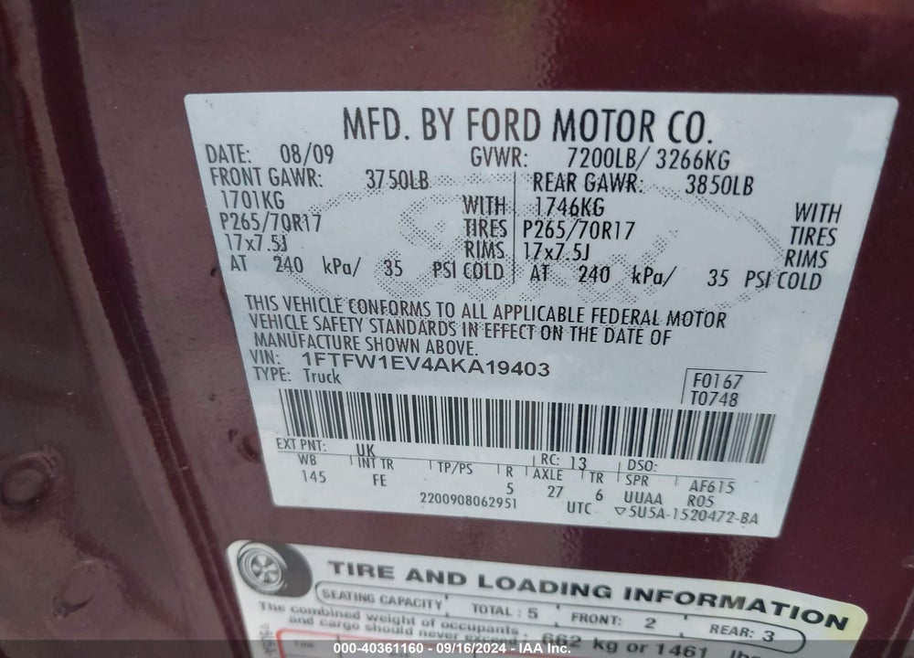 2010 FORD F-150 FX4/HARLEY-DAVIDSON/KING RANCH/LARIAT/PLATINUM/XL/XLT VIN: 1FTFW1EV4AKA19403