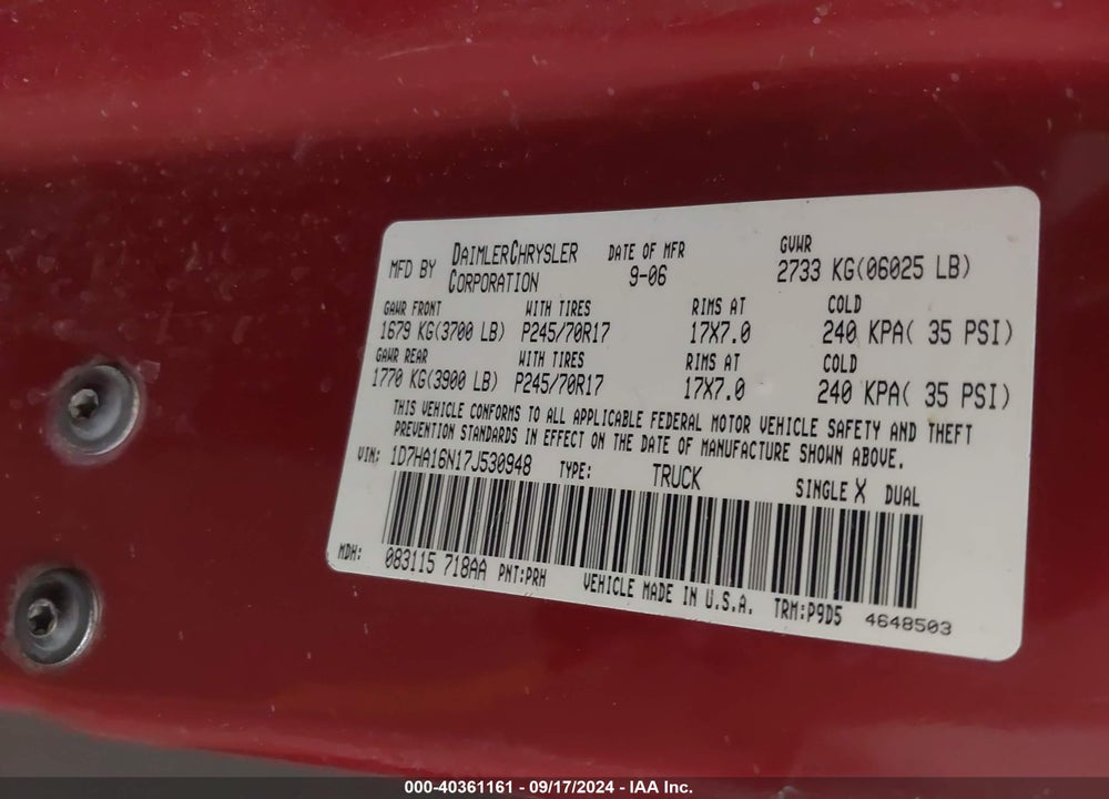 2007 DODGE RAM 1500 ST VIN: 1D7HA16N17J530948