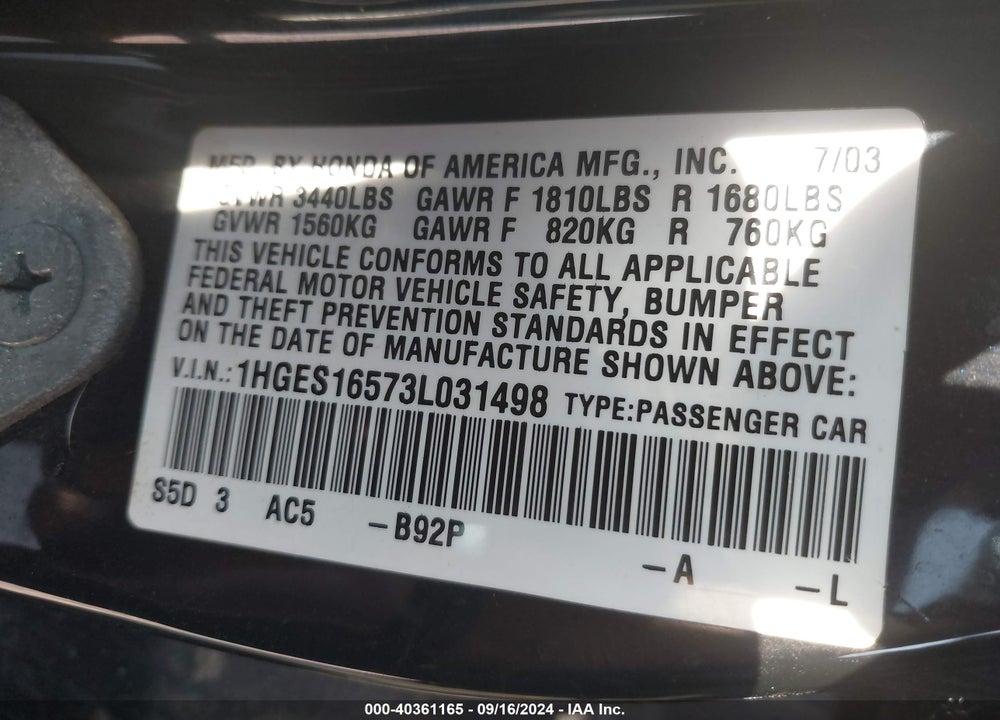 2003 HONDA CIVIC LX VIN: 1HGES16573L031498
