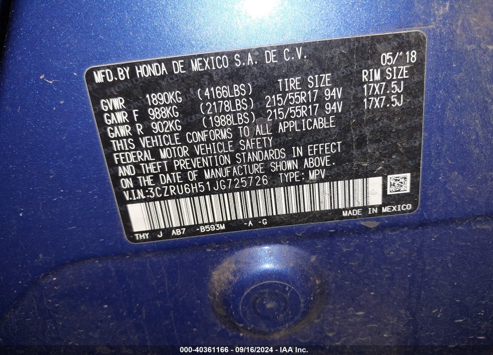 2018 HONDA HR-V EX VIN: 3CZRU6H51JG725726