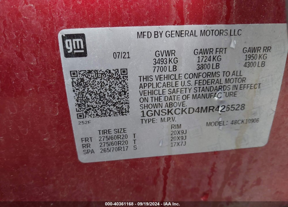 2021 CHEVROLET SUBURBAN 4WD LT VIN: 1GNSKCKD4MR426528