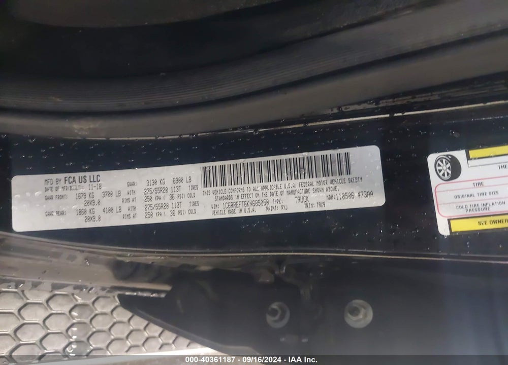 2019 RAM 1500 BIG HORN/LONE STAR 4X2 5'7 BOX VIN: 1C6RREFT6KN685050