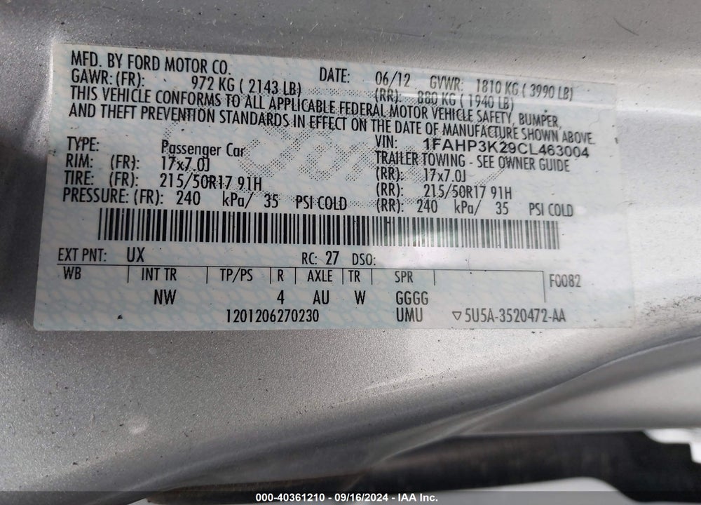 2012 FORD FOCUS SE VIN: 1FAHP3K29CL463004