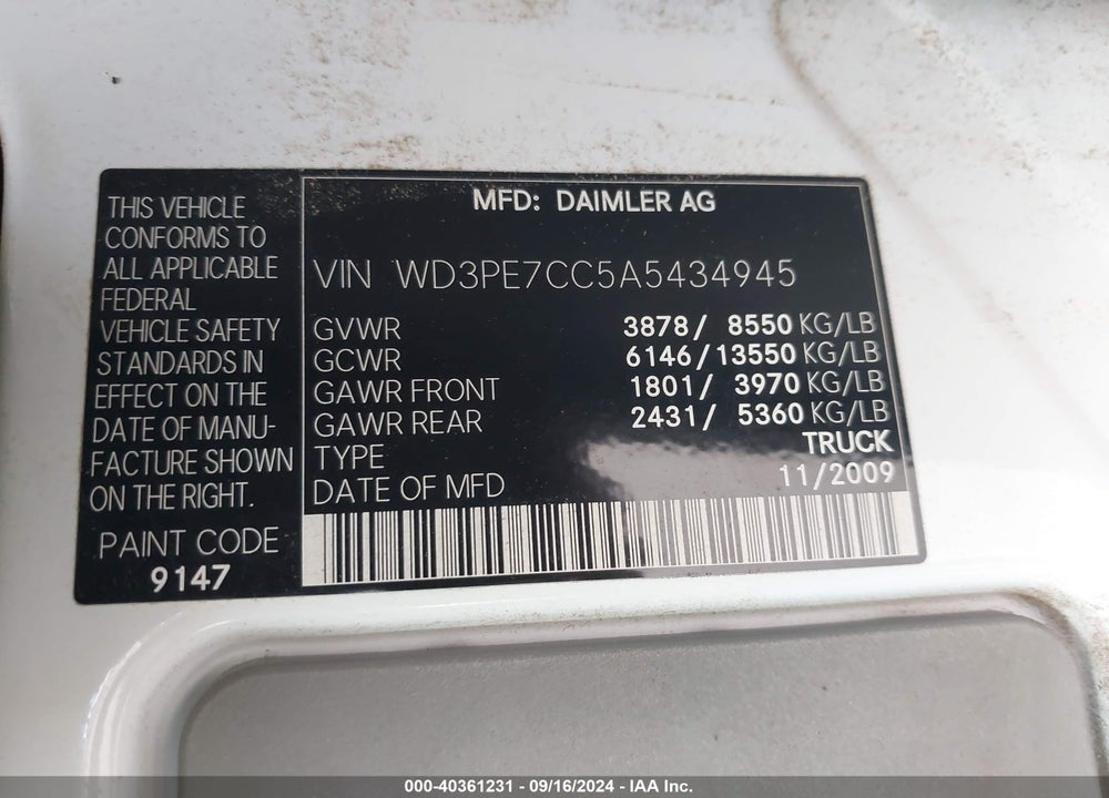 2010 MERCEDES-BENZ SPRINTER VAN 2500 VIN: WD3PE7CC5A5434945