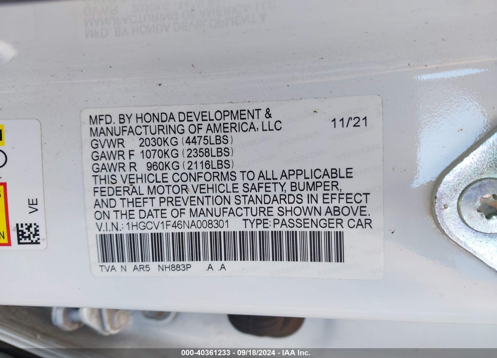 2022 HONDA ACCORD SPORT SPECIAL EDITION VIN: 1HGCV1F46NA008301