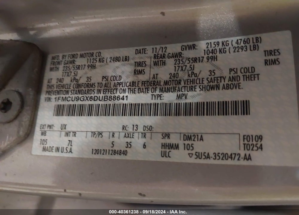 2013 FORD ESCAPE SE VIN: 1FMCU9GX6DUB88641