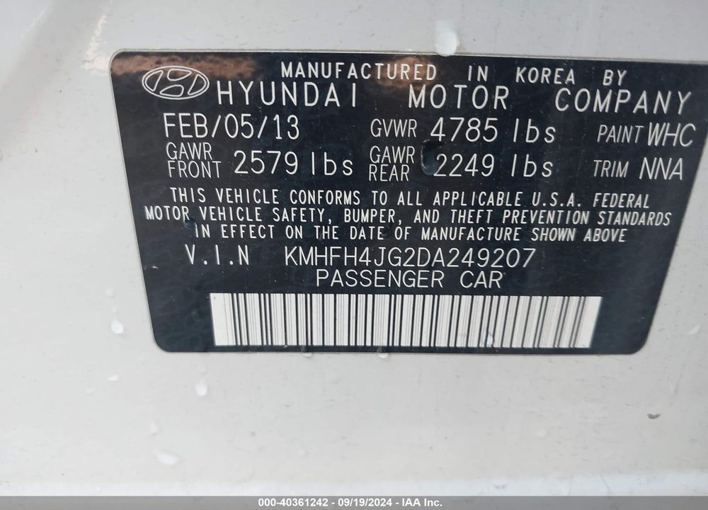 2013 HYUNDAI AZERA VIN: KMHFH4JG2DA249207