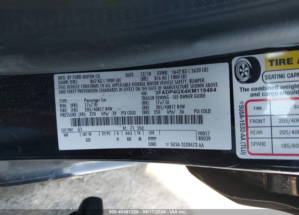 2019 FORD FIESTA ST VIN: 3FADP4GX4KM118484