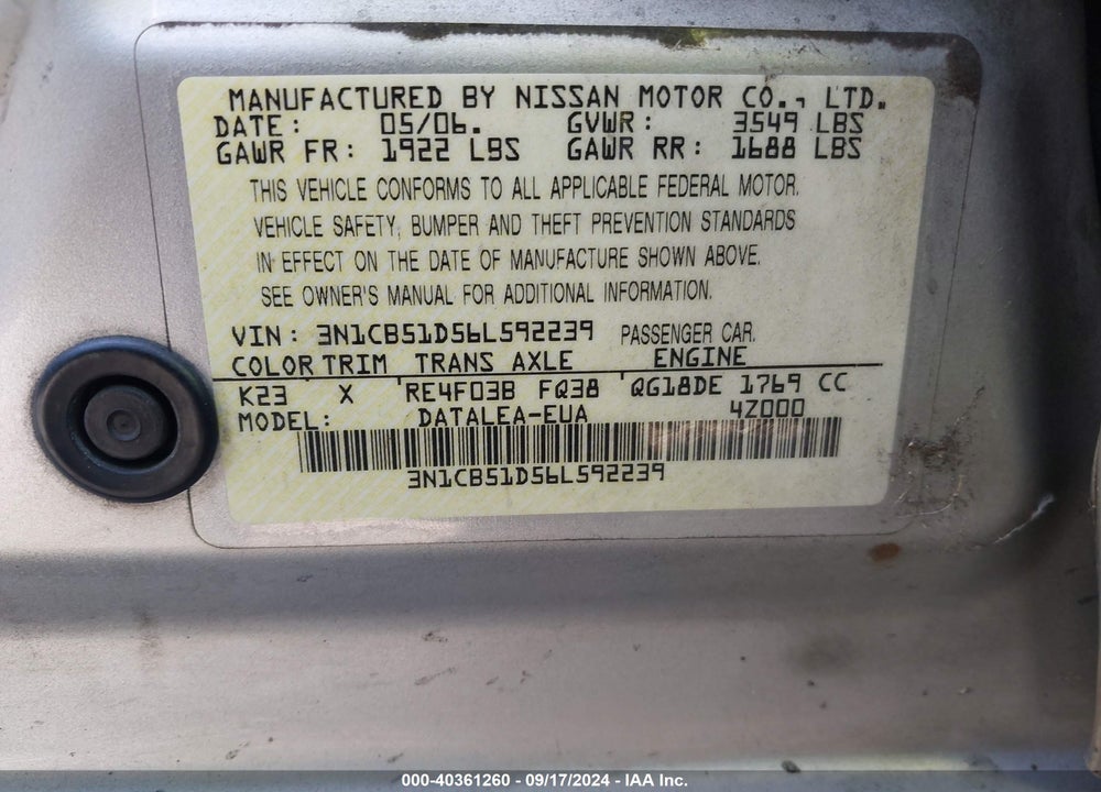 2006 NISSAN SENTRA 1.8S VIN: 3N1CB51D56L592239