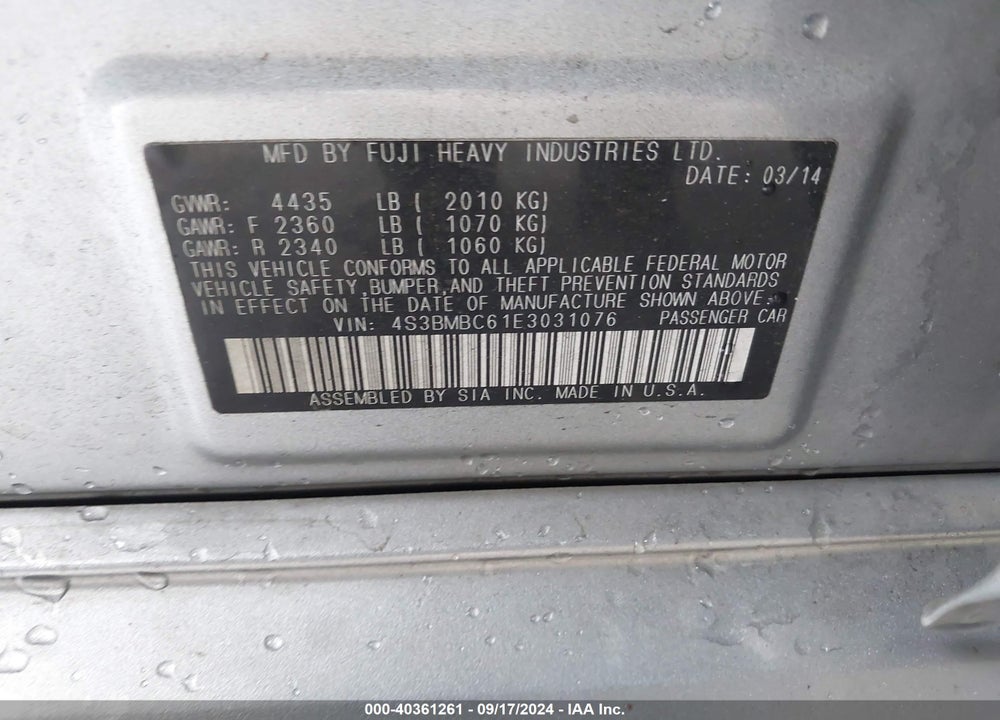 2014 SUBARU LEGACY 2.5I PREMIUM VIN: 4S3BMBC61E3031076