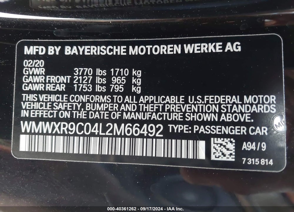 2020 MINI HARDTOP JOHN COOPER WORKS VIN: WMWXR9C04L2M66492