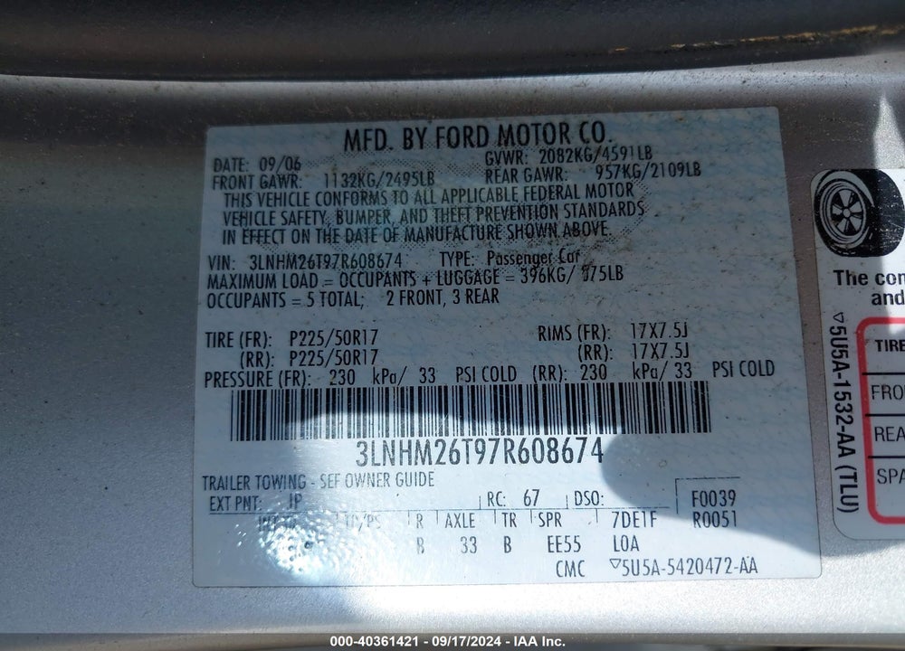 2007 LINCOLN MKZ VIN: 3LNHM26T97R608674