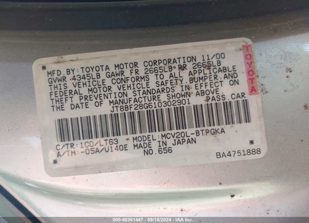2001 LEXUS ES 300 VIN: JT8BF28G610302901