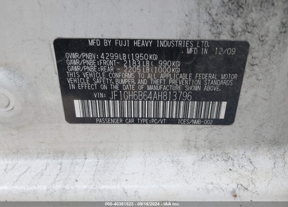 2010 SUBARU IMPREZA 2.5I PREMIUM VIN: JF1GH6B64AH813796