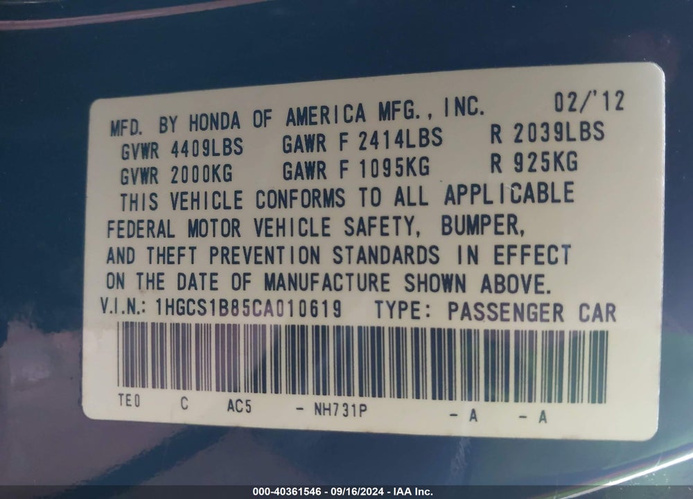 2012 HONDA ACCORD 2.4 EX-L VIN: 1HGCS1B85CA010619