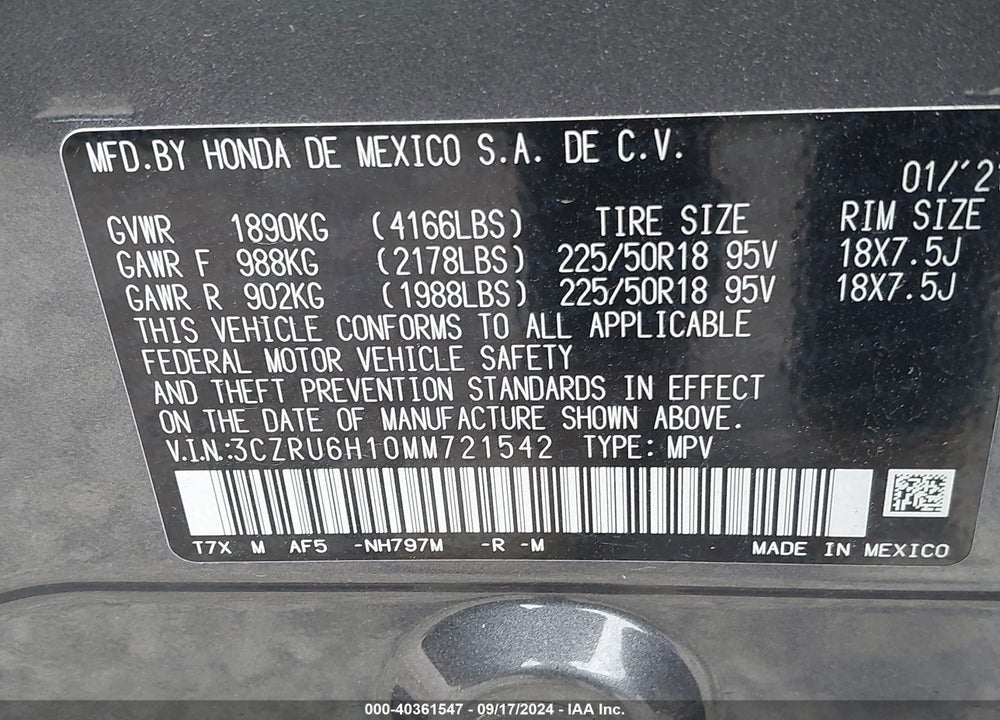2021 HONDA HR-V AWD SPORT VIN: 3CZRU6H10MM721542