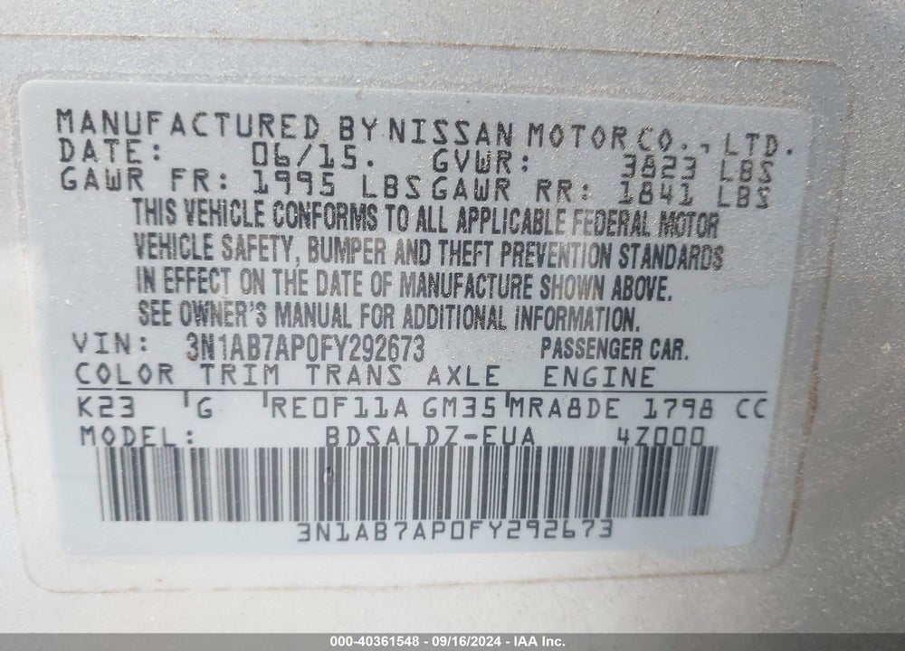 2015 NISSAN SENTRA SV VIN: 3N1AB7AP0FY292673