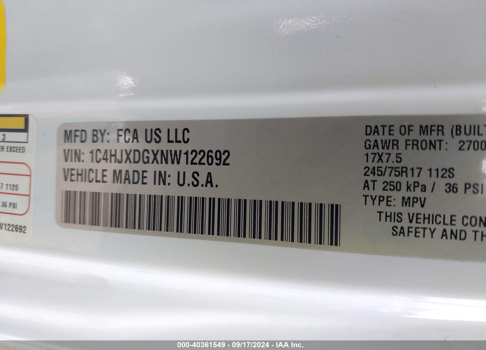 2022 JEEP WRANGLER UNLIMITED SPORT S 4X4 VIN: 1C4HJXDGXNW122692
